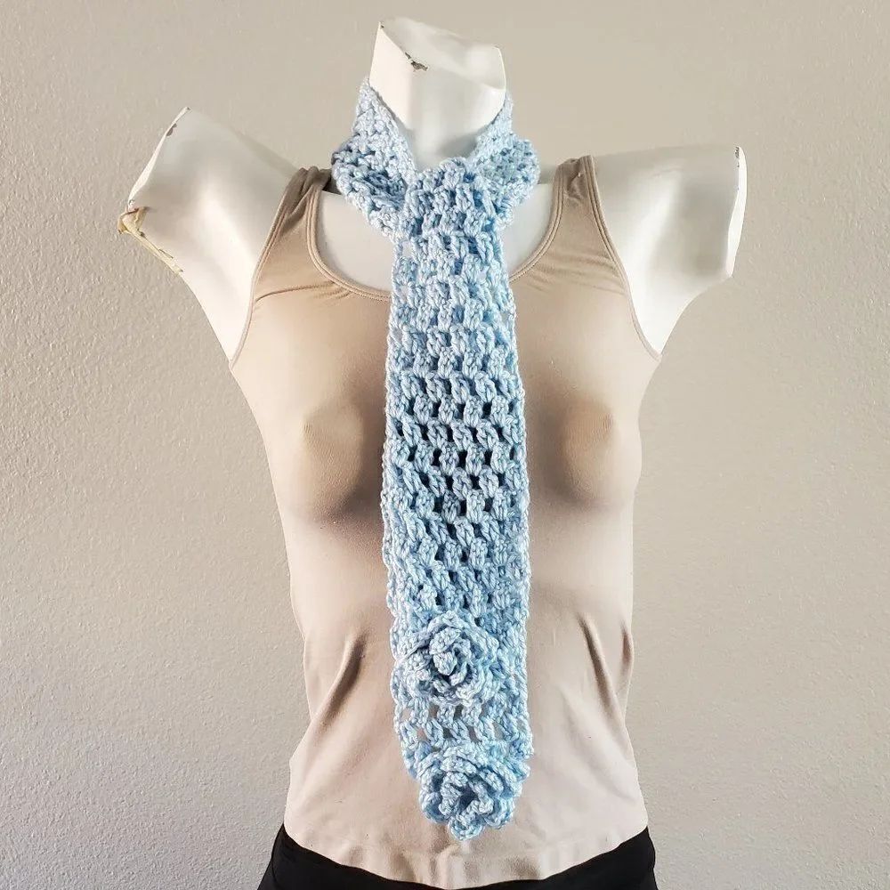 BOGO Scarf Sale - Hand Crafted light blue with flowers crochet scarf